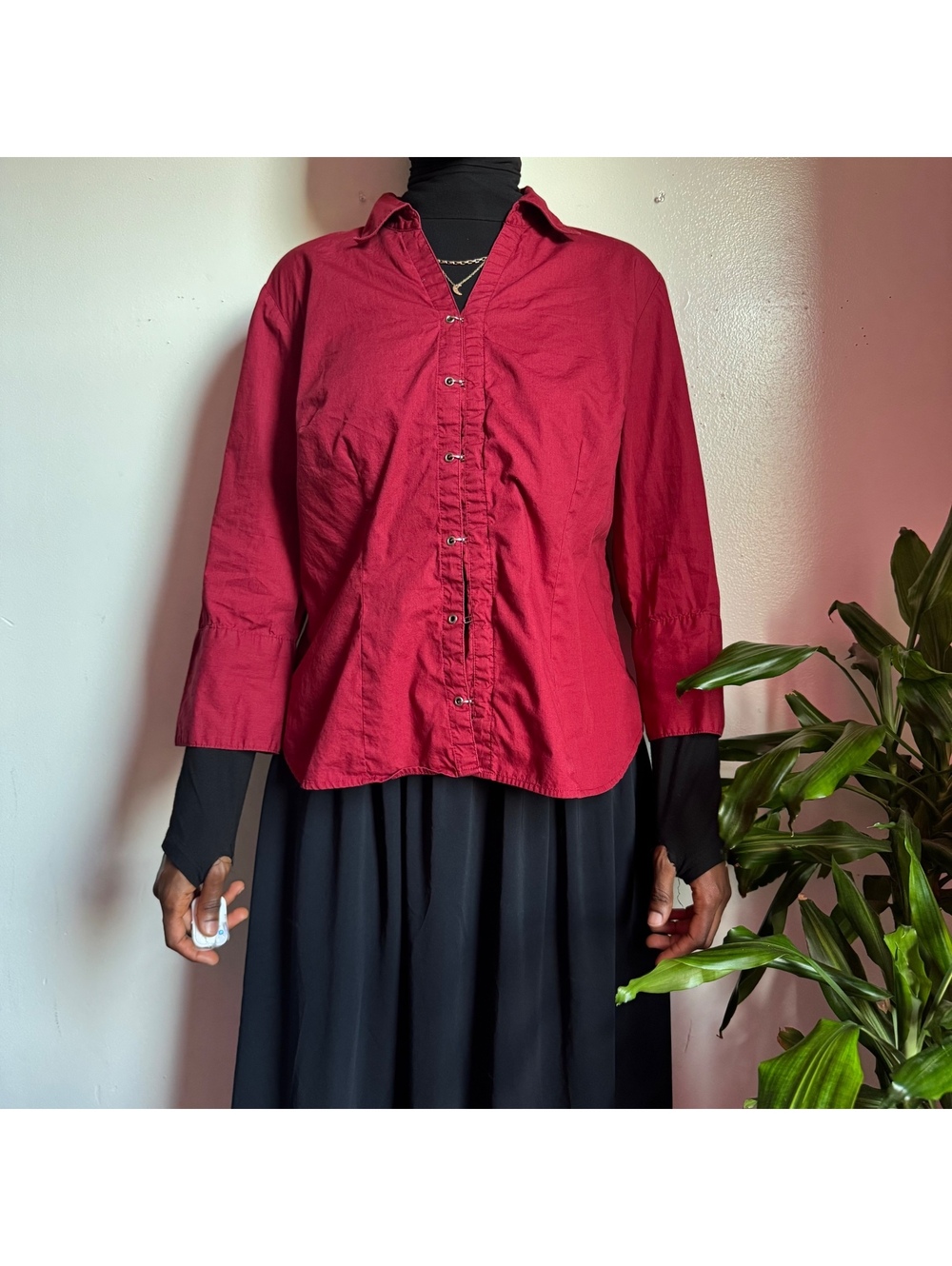 Y2K Faded Glory Office Siren Burgundy Hook and Eye Blouse size 14W/16W
